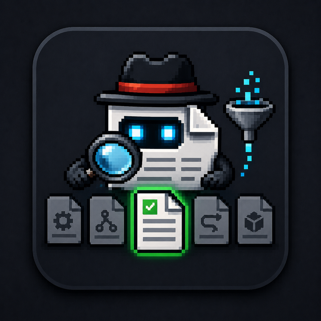 AgentDocs mascot inspecting and filtering documentation with a magnifying glass